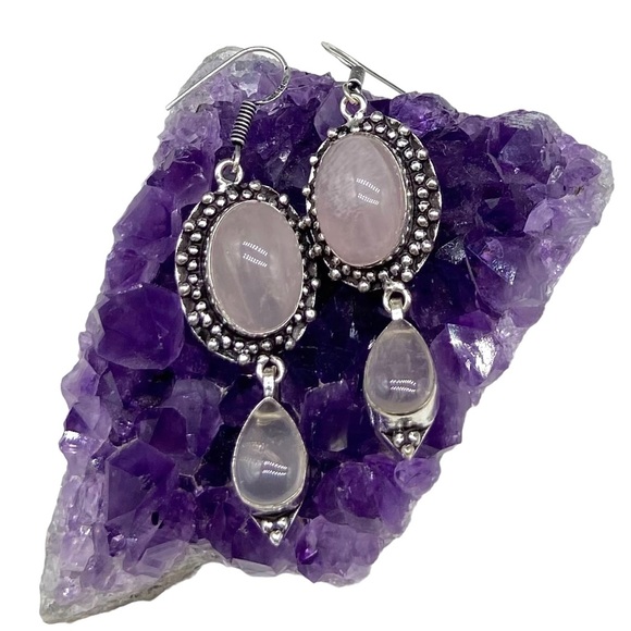 Jewelry - Rose Quartz Earrings Sterling Silver 925 Dangle Drop Light Pale Pink Pastel Gift